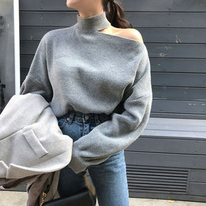 [Korean Style] Ginna Cut-Off Shoulder Turtleneck  Sweater
