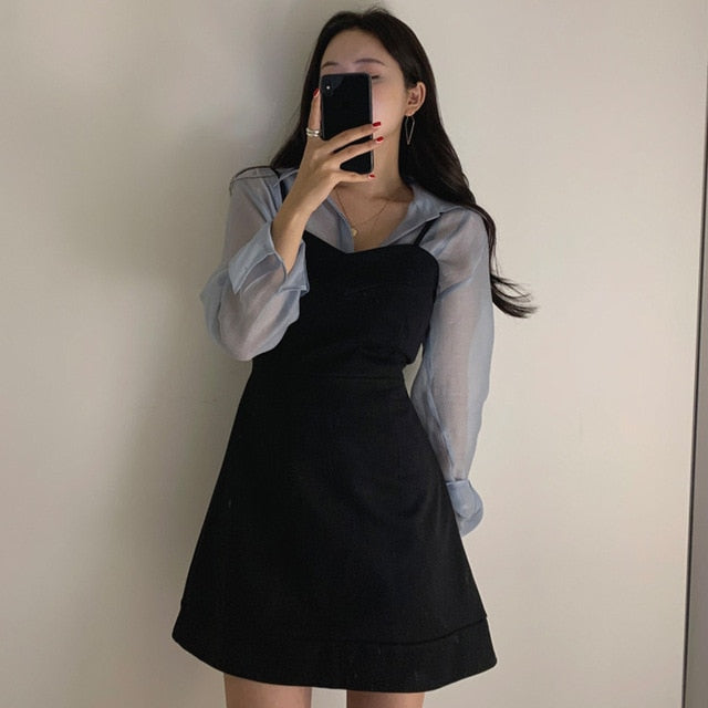 Korean Black Dress With White Shirt Soft Polo Shirt Dress Women Autumn Vintage Preppy Style Korean Korean Black Dress With White Shirt Soft Polo Shirt Dress Women Autumn Vintage Preppy Style Korean