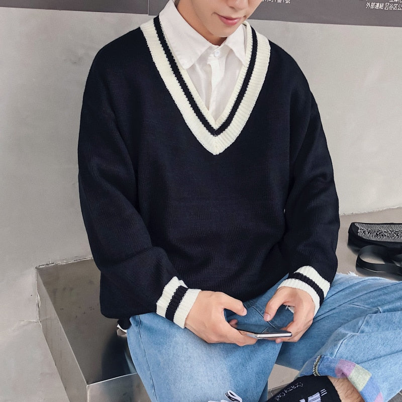 [Korean Style] Black/White V-neck Pullover Sweaters