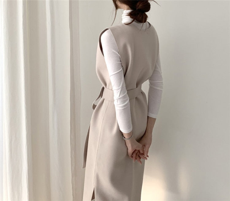 [Korean Style] Petricia V neck Belted Sleeveless Vest Knit Midi Dress