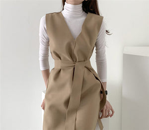 [Korean Style] Petricia V neck Belted Sleeveless Vest Knit Midi Dress