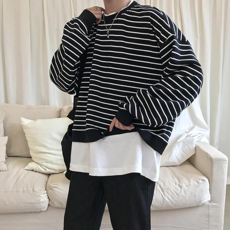[Korean Style] Ness Striped Oversize Sweatshirts