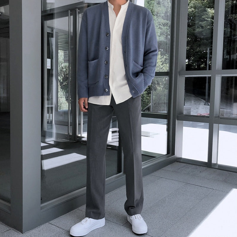 [Korean Style] Dehe Black / Gray Casual Straight Pants