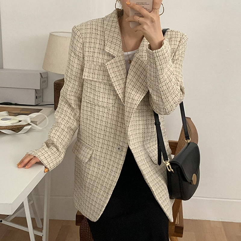 [Korean Style] Notched Plaid Suit Jackets