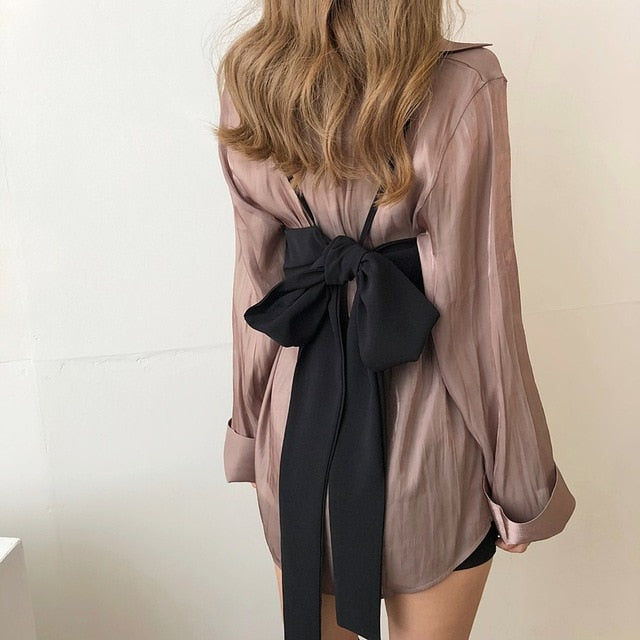 [Korean Style] Taupe Solid blouse w/ High Waist Bodycon 2 Piece Set