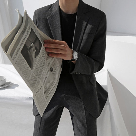 [Korean Style] Dark Gray Single Button Suit Jacket