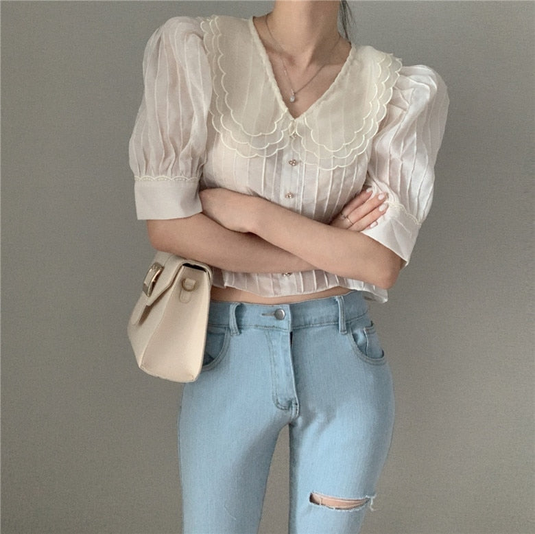 [Korean Style] Cannie See through Cropped Blouse