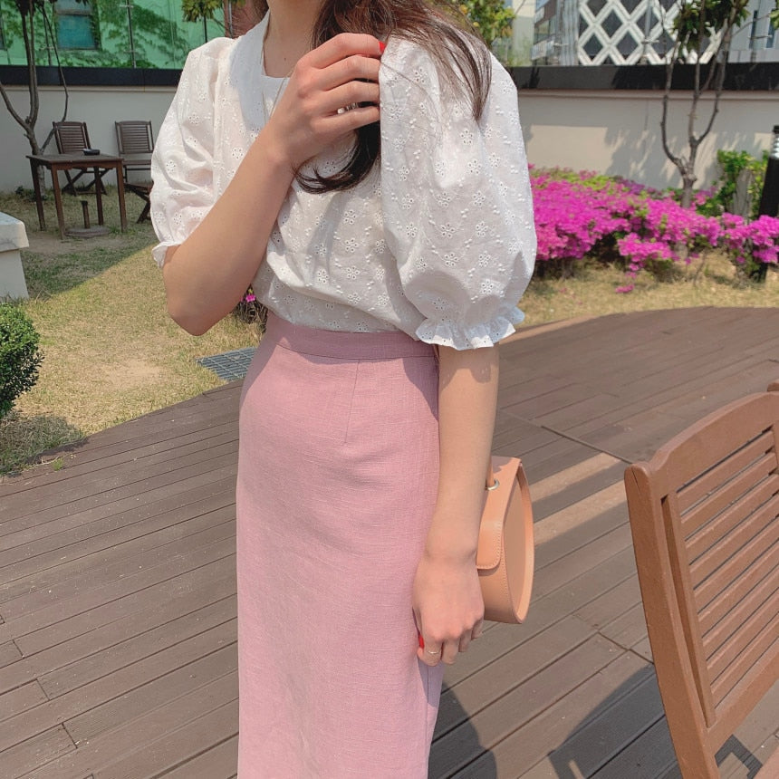 [Korean Style] Baula Puff Sleeve Ruffle Blouse  w/ High Waist Solid Pink Skirt Set