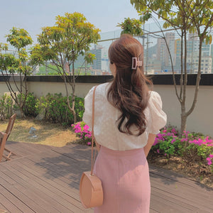 [Korean Style] Baula Puff Sleeve Ruffle Blouse  w/ High Waist Solid Pink Skirt Set