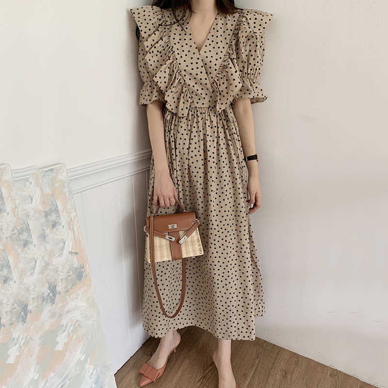 [Korean Style] Hennha Poka Dots Ruffle Maxi Dress