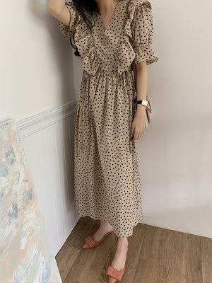 [Korean Style] Hennha Poka Dots Ruffle Maxi Dress