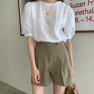 [Korean Style] 2 Pieces Brimington Puff Sleeve Lace Top w/ Pleated Shorts