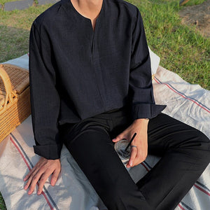 [Korean Style] Navy V-neck Long-Sleeved Shirts