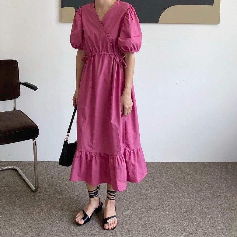 [Korean Style] Natelia Berry Drawstring Puff Sleeve Maxi Dress
