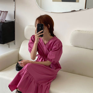 [Korean Style] Natelia Berry Drawstring Puff Sleeve Maxi Dress