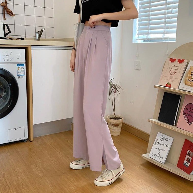 [Korean Style] Brigitte Side Slit Pleated Wide Leg Trouser
