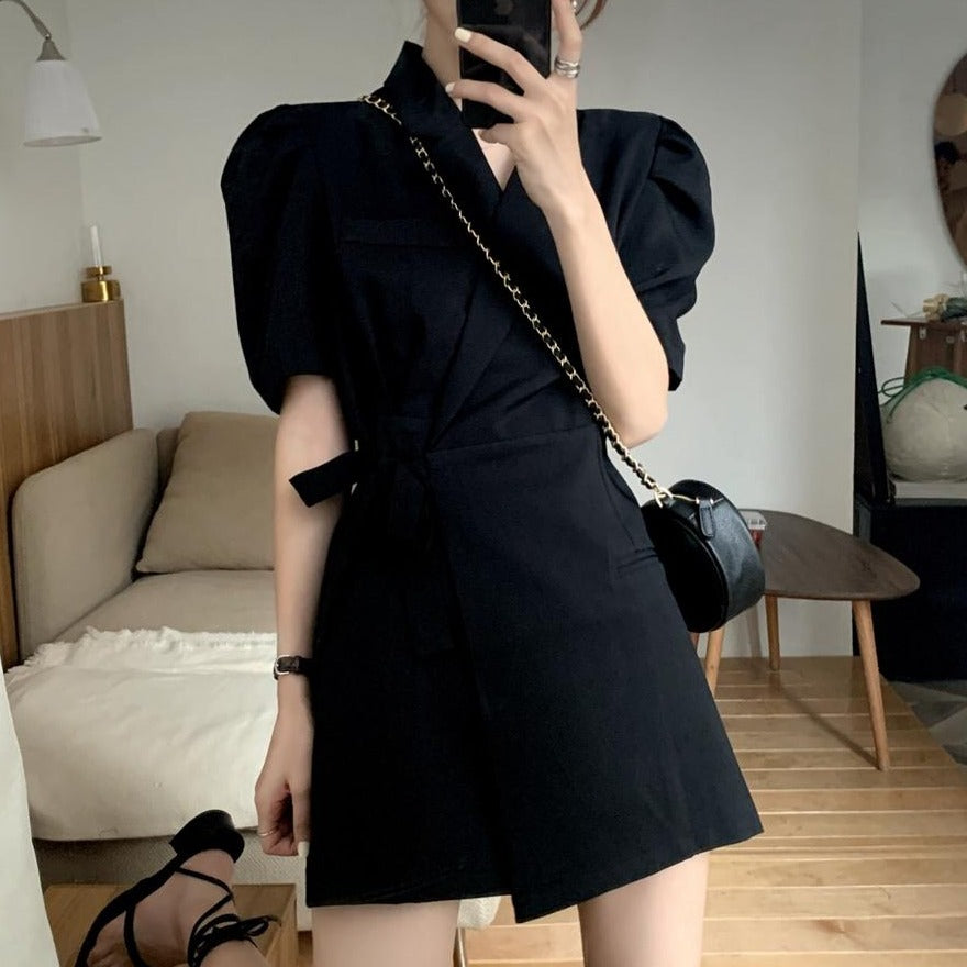 [Korean Style] Monet Pleated Puff Sleeve Wrap Mini Dress