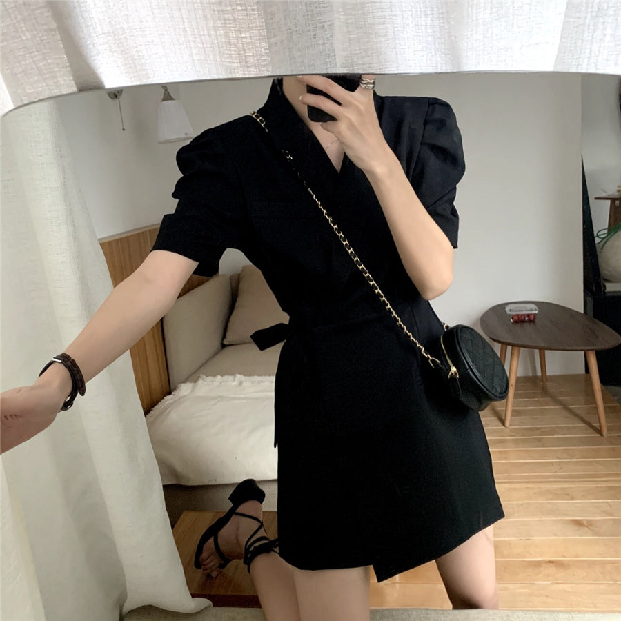 [Korean Style] Monet Pleated Puff Sleeve Wrap Mini Dress