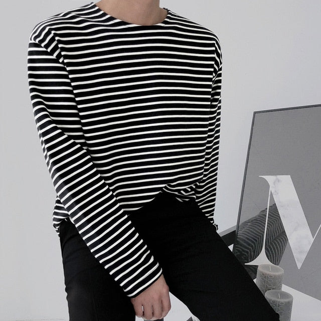 [Korean Style] Cotton Long-sleeved Striped T-shirts