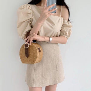 [Korean Style] Fezz Asymmetric Blouse w/ Skirt 2 Piece Set