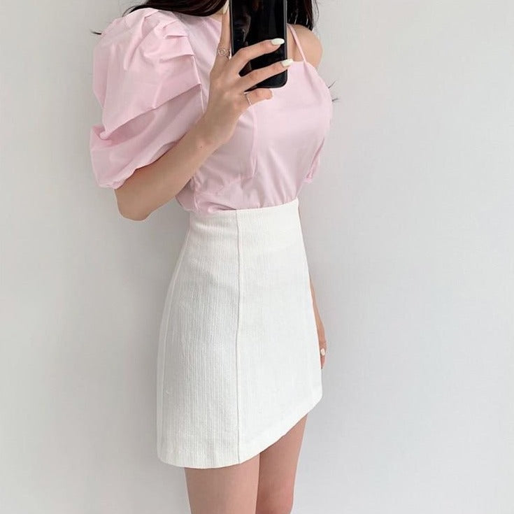 [Korean Style] Fezz Asymmetric Blouse w/ Skirt 2 Piece Set