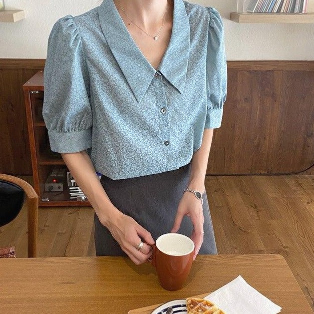 [Korean Style] Édith Sailor Collar Floral Print Chiffon Blouse