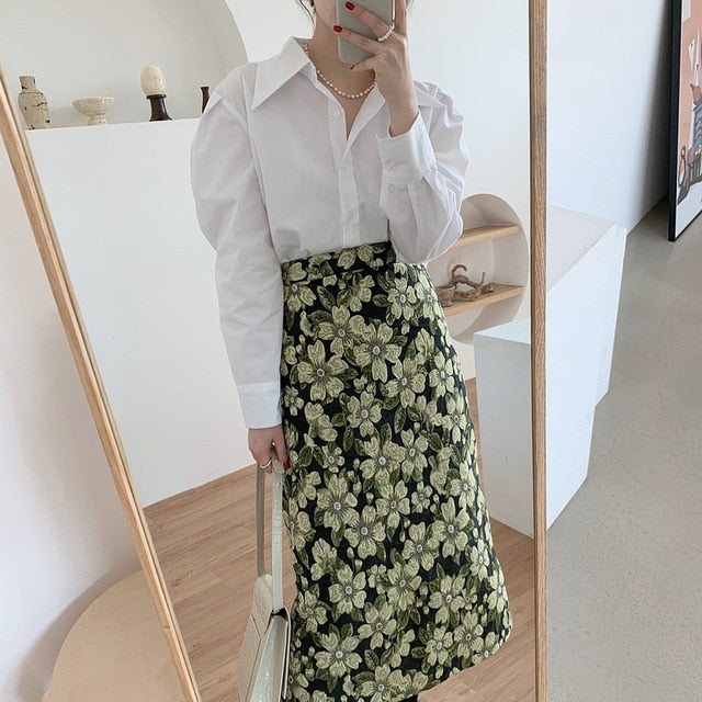 [Korean Style] Soline Puff Sleeve Shirts w/ Floral Print A-line Skirt 2 Piece Set