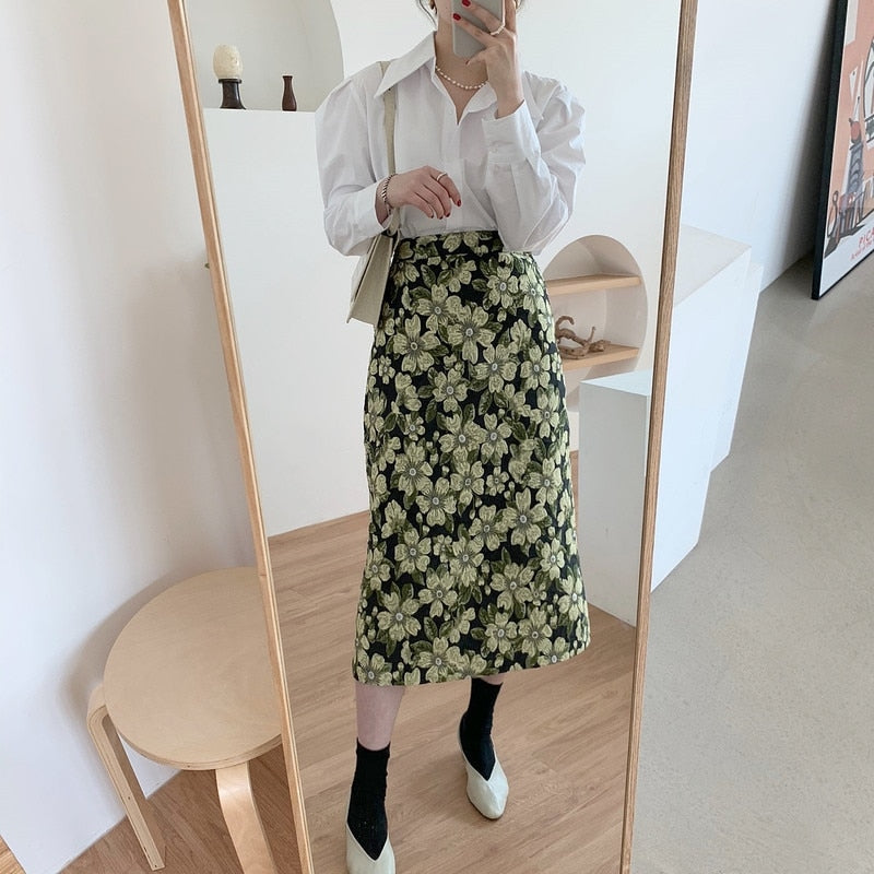 [Korean Style] Soline Puff Sleeve Shirts w/ Floral Print A-line Skirt 2 Piece Set