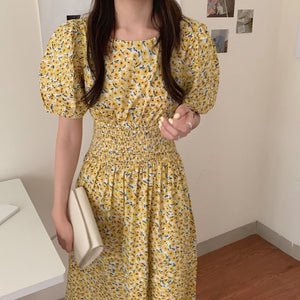 [Korean Style] Juliette Floral Print puff-sleeve Midi Dress