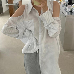 [Korean Style] Thalia Cut-off Shoulder Loose Fit Shirts