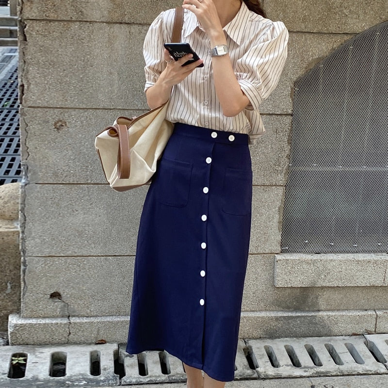 [Korean Style] Claes Stripe Blouse w/ Pencil Skirt 2 Piece Set