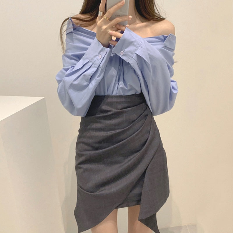 [Korean Style] Carin Shirts w/ Wrap Skirt 2 piece Set