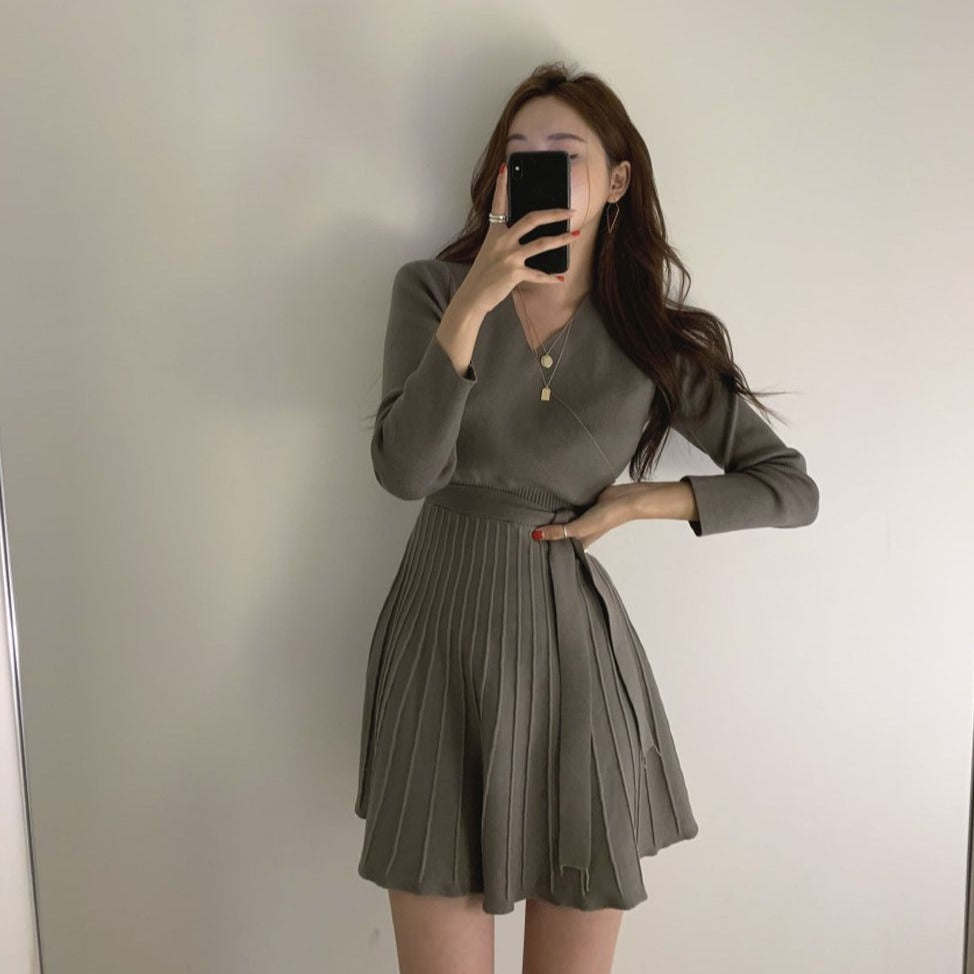 [Korean Style] Morrie Pleated Wrap Knit Dress
