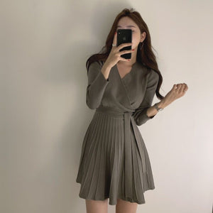 [Korean Style] Morrie Pleated Wrap Knit Dress