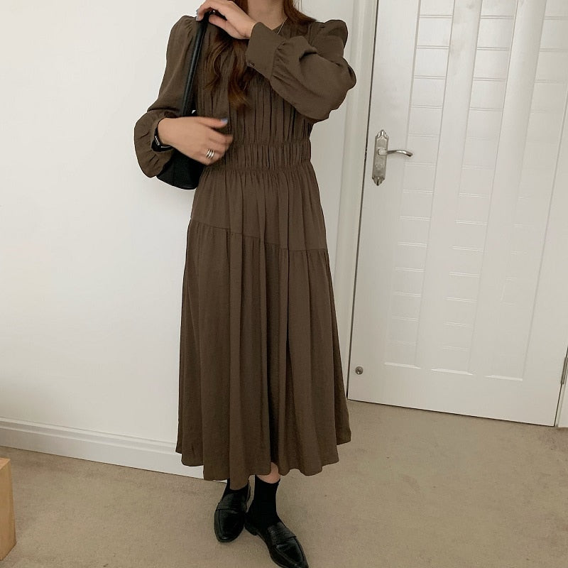 [Korean Style] Lecy Solid Color Pleated Dress