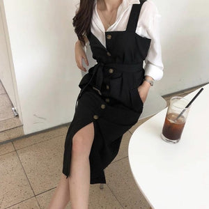 [Korean Style] Léonie Button-down Belted 2 Piece Dress Set