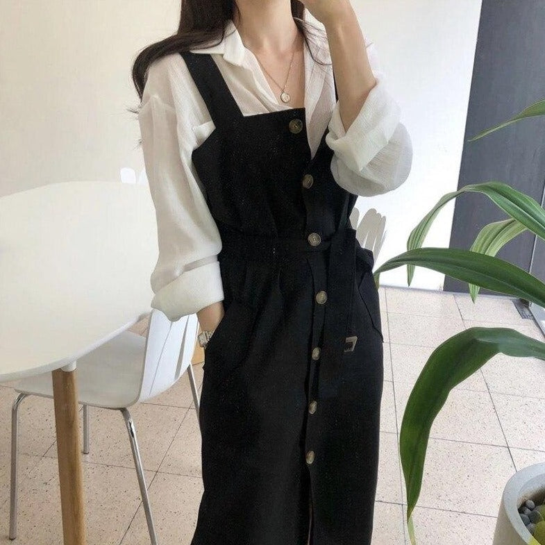 [Korean Style] Léonie Button-down Belted 2 Piece Dress Set
