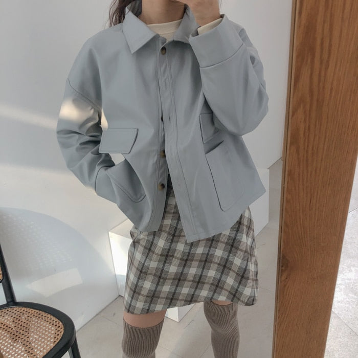 [Korean Style] Vag Cropped Faux Leather Jacket