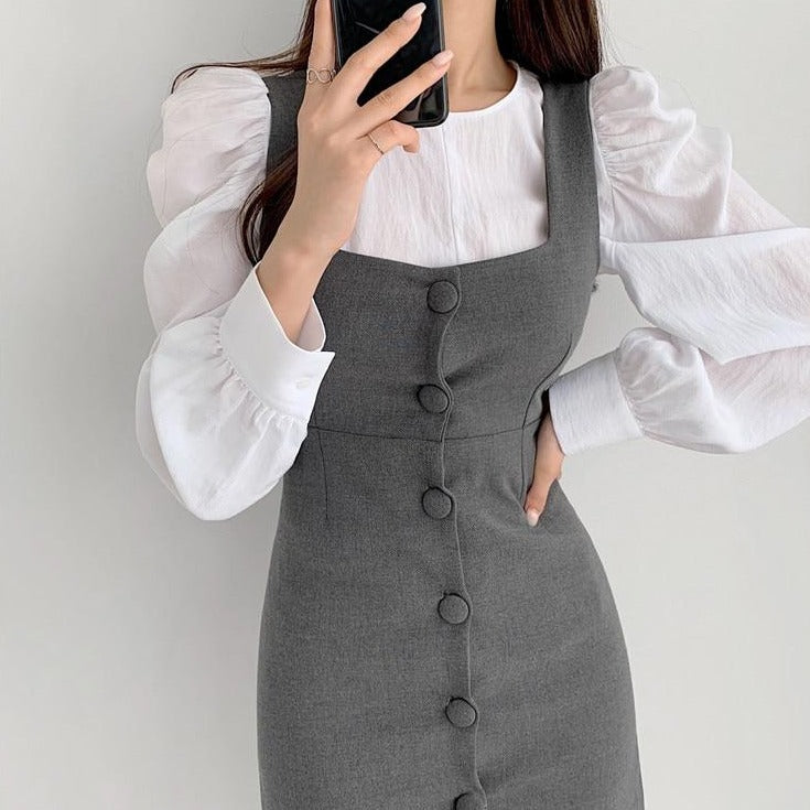 [Korean Style] Twillie Square Collar Puff Sleeve 2 Piece Mini Dress