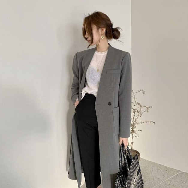 [Korean Style] Licco Long Belted Blazer Coat w/ Shoulder Pads