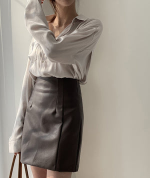 [Korean Style] Arian Blouse Leather Skirt 2-Piece Set