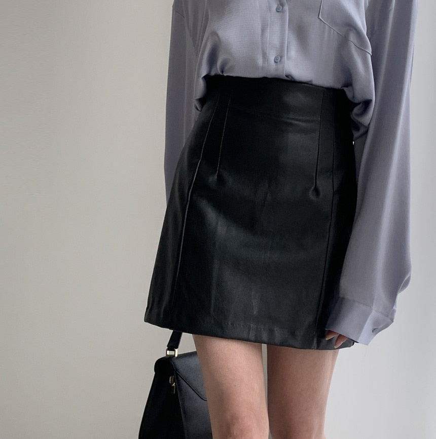 [Korean Style] Arian Blouse Leather Skirt 2-Piece Set