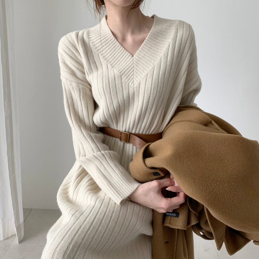 Korean Style] Loji V neck Rib Knit Midi Dress – Ordicle