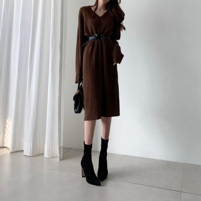 [Korean Style] Loji V neck Rib Knit Midi Dress