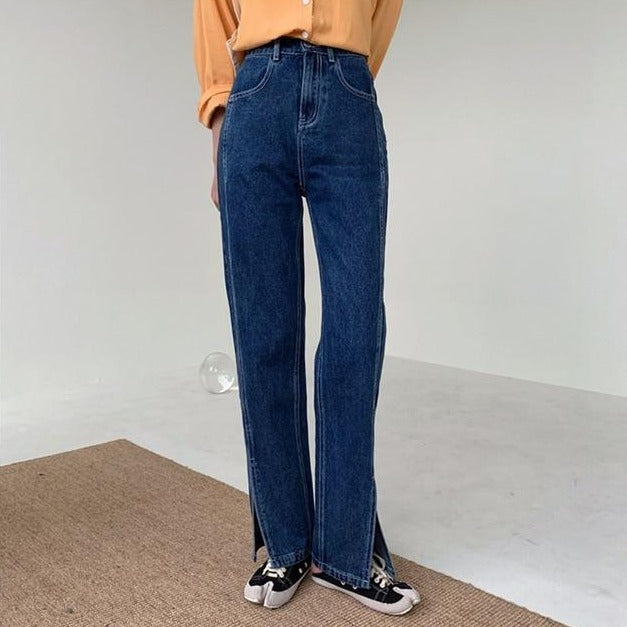 [Korean Style] Lofie Full Length Wide Leg Slit Jeans
