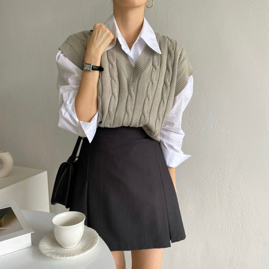 [Korean Style] Venus Loose Fit Knit Vest Blouse w/ Mini Skirt 3-piece Set