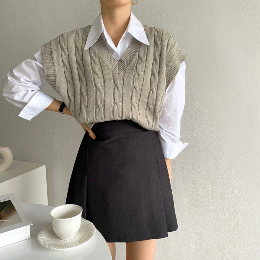[Korean Style] Venus Loose Fit Knit Vest Blouse w/ Mini Skirt 3-piece Set