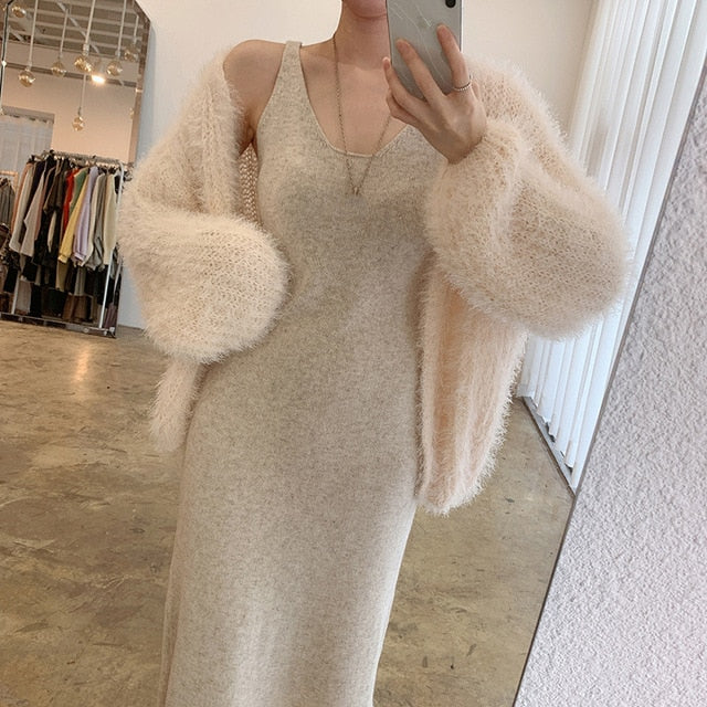 [Korean Style] Sinéad Fluffy Cardigan Bodycon Dress 2 pc Set