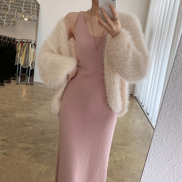 [Korean Style] Sinéad Fluffy Cardigan Bodycon Dress 2 pc Set
