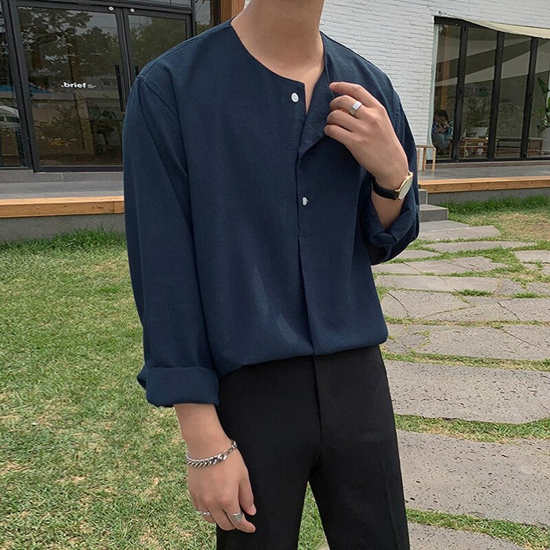 [Korean Style] Dark Blue Casual Collarless Shirts
